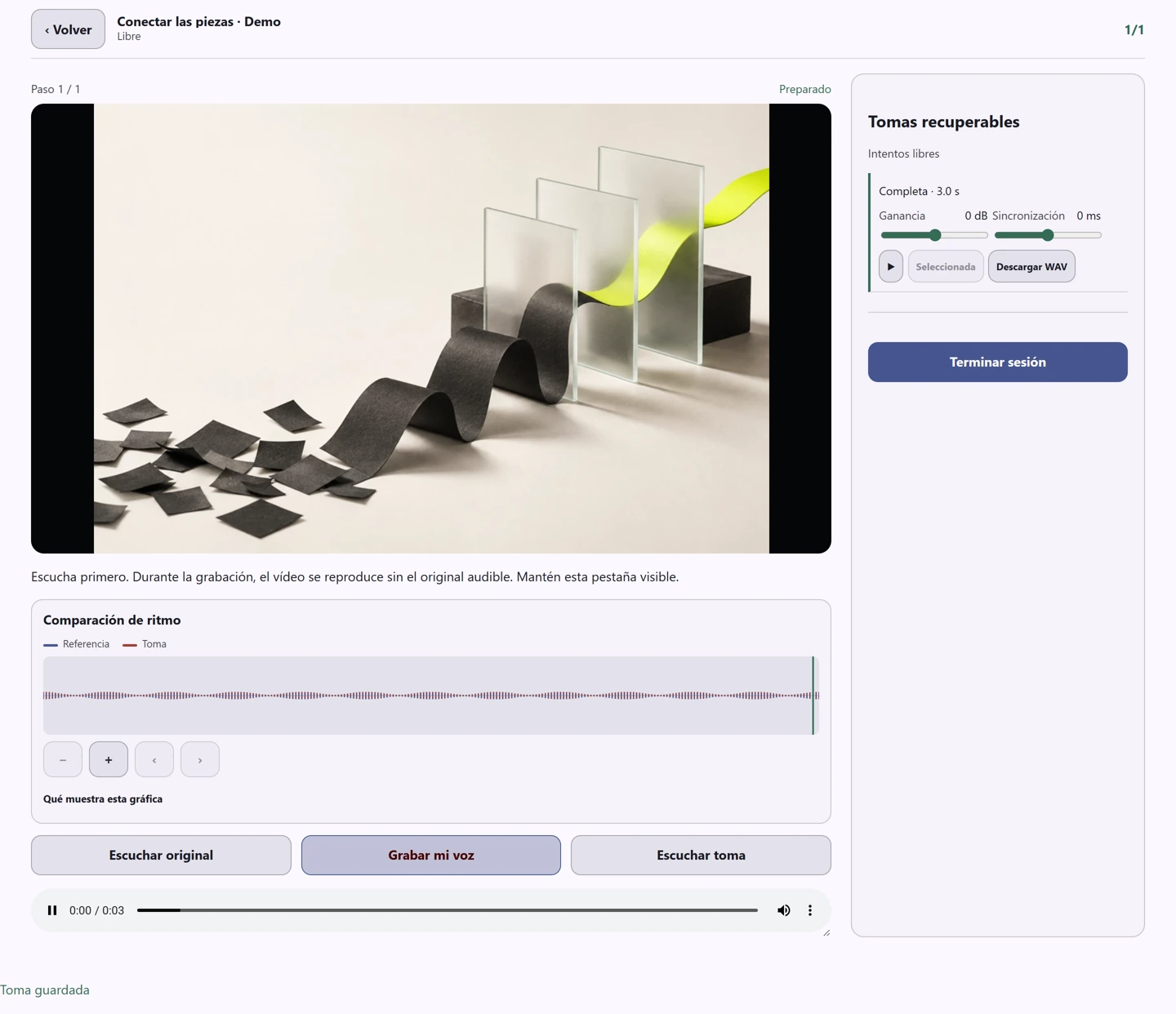 Estudio de DubArena con vídeo y una toma guardada