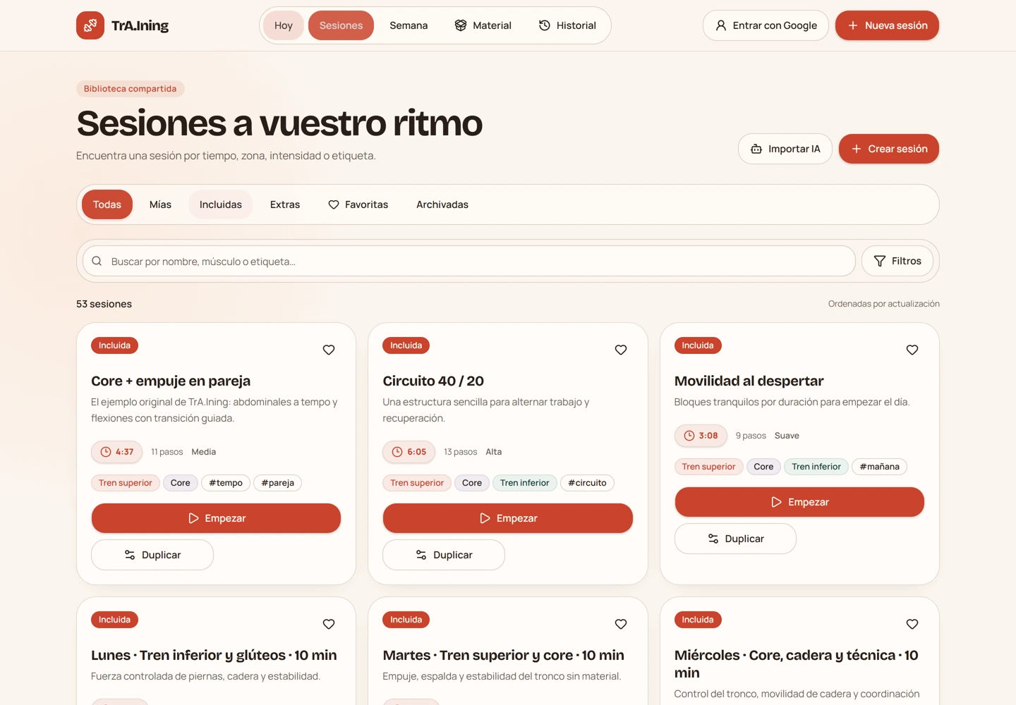 Vista del proyecto TrA.Ining: biblioteca de sesiones de entrenamiento